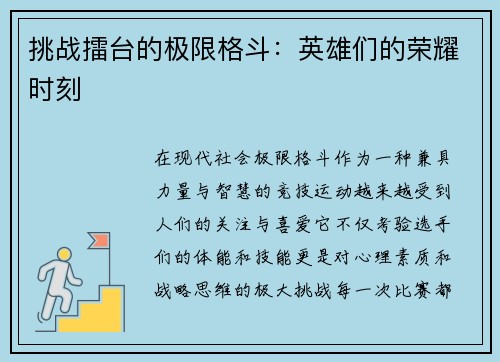 挑战擂台的极限格斗：英雄们的荣耀时刻